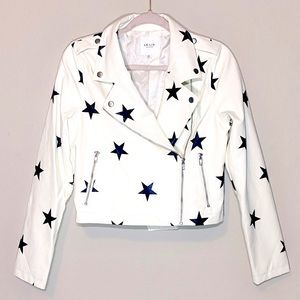 Black Stars White Leather Motorcycle Jacket